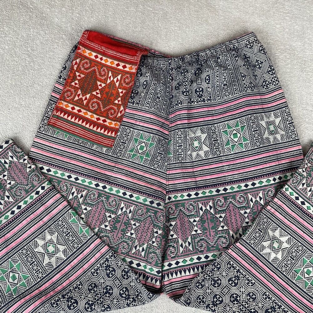 Cotton Tribal Boho Hippie Pants Women's Small Blue Pink Green Straight Leg Crop - Picture 14 of 16